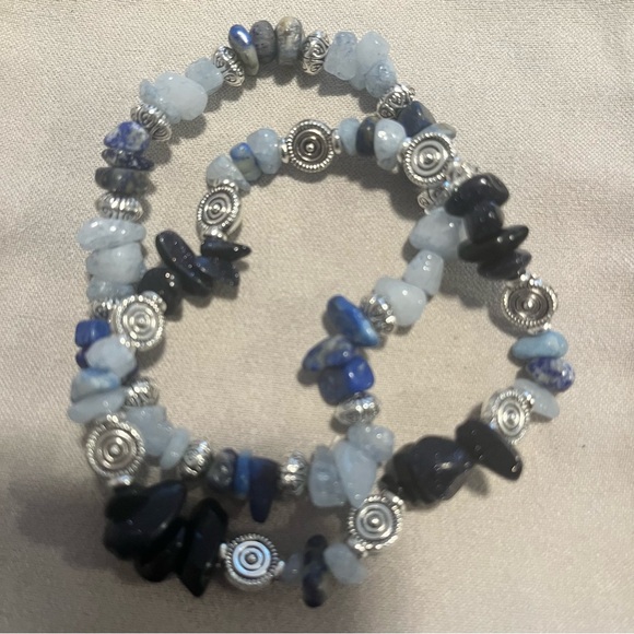 Hand Crafted Jewelry - Aquamarine Lapis Lazuli Blue Goldstone Beaded Stretch Bracelets Handmade NWT